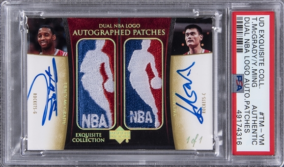2004-05 UD "Exquisite Collection" Dual NBA Logo Autographed Patches #TM-YM Tracy McGrady/Yao Ming Dual-Signed Game Used Logoman Patch Card (#1/1) – PSA Authentic